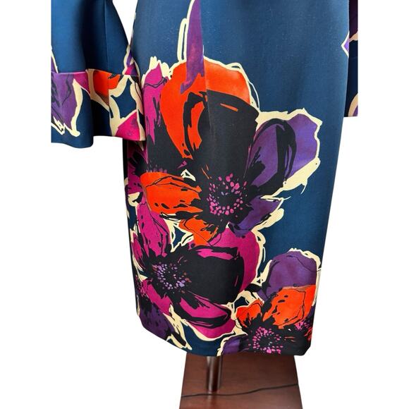 Trina Turk Navy Floral Work Wear Cocktail Belle Sleeve V Neck Dress 8 - Picture 3 of 9